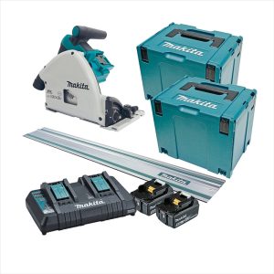 MAKITA 18Vx2 Brushless 165mm Plunge Saw Kit - Includes 2 X 5.0Ah Batteries, Dual Port Rapid Charger & 2 X Makpac Case