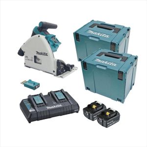 MAKITA 18Vx2 Brushless Aws 165mm Plunge Saw Kit - Includes 2 X 5.0Ah Batteries, Dual Port Rapid Charger & 2 X Makpac Case