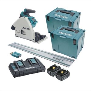 MAKITA 18Vx2 Brushless Aws 165mm Plunge Saw Kit - Includes 2 X 5.0Ah Batteries, Dual Port Rapid Charger, 1400mm Track & 2 X Makpac Case